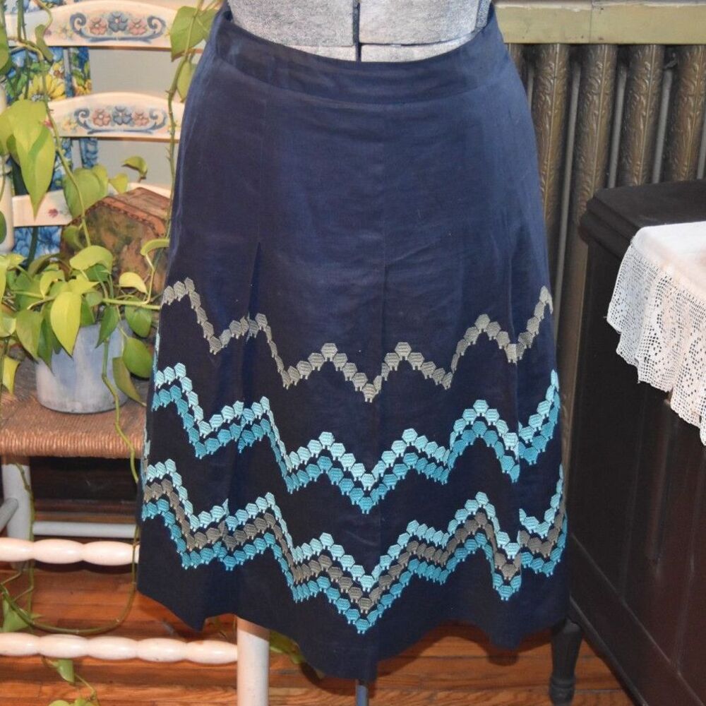 Y2K Dressbarn Boho Linen Midi Skirt Lined Zig-Zag Stripes A-Line Blue Size 16